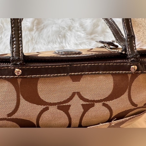 Coach Signature Stripe Tote Bag Brown and Tan Classic Style - Picture 12 of 15